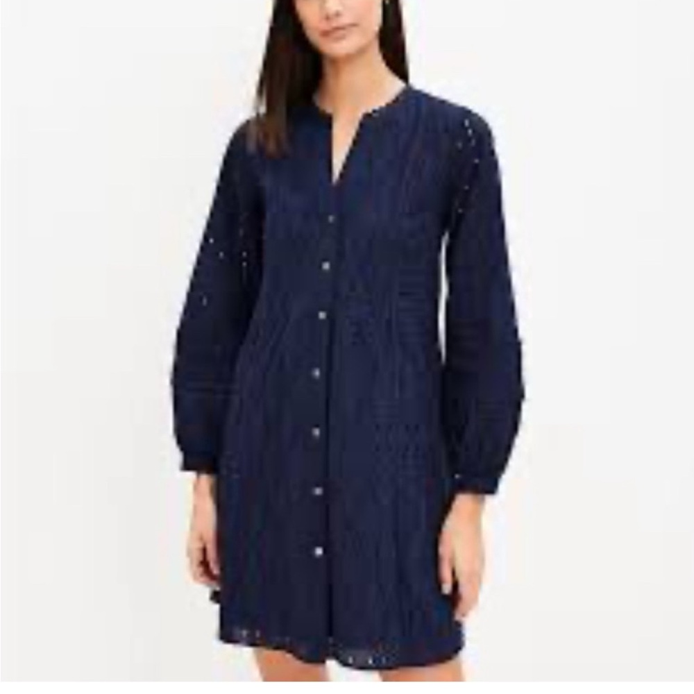 LOFT Eyelet Lace Trim Swing Dress Navy Small